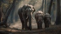 Elephant family walking together in the forest. Generative AI Royalty Free Stock Photo