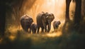 Elephant family walks through the African savannah at sunset generated by AI Royalty Free Stock Photo