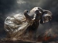 Elephant fighting with a plastic bag
