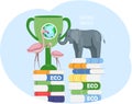 Elephant and flamingo on books about ecology. Representatives of biodiversity of planet Earth