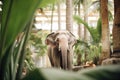 elephant flapping ears beside tropical palms Royalty Free Stock Photo