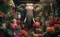 Elephant in flower shop. Vintage tone.