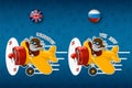 Elephant is flying on an airplane. Big set of stickers in English and Russian languages. Vector, cartoon Royalty Free Stock Photo