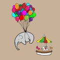 Elephant flying by balloons cartoon