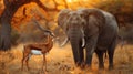 Elephant and gazelle coexisting in golden savanna, ideal for african sanctuary ad Royalty Free Stock Photo