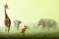 Elephant, Giraffe, and Deer on the grassland