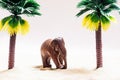 The elephant goes forward past the trees. Palm trees in the sand Royalty Free Stock Photo