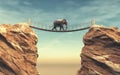 An elephant goes on a wooden bridge Royalty Free Stock Photo