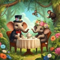 elephant sitting in the table drinking the tea on the forest with the monkey Royalty Free Stock Photo