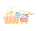 Elephant, hare and penguin ride in the train and carriage. Vector illustration on a white background.