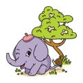 Elephant in a hat with snail on tail and mouse on a tree. Cartoon animal character vector illustration isolated on white