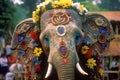 An elephant head covered with moss with a wreath of yellow flowers on his neck Royalty Free Stock Photo