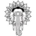 Elephant head on lotus mandala. Popular motiff in Asian arts and crafts. Intricate hand drawing isolated on white Royalty Free Stock Photo