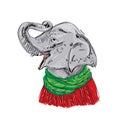 Elephant head with a raised trunk in a Christmas red knitted sweater and a green scarf. Sketch drawing. Black contour on a white b