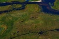 Elephant herd. Africa aerial landscape, green river, Okavango delta in Botswana. Lakes and rivers, view from airplane, South Royalty Free Stock Photo