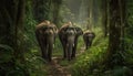 Elephant herd grazing in lush green African wilderness landscape generated by AI