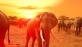 Elephant herd grazing on savannah at sunset in Africa generated by AI Royalty Free Stock Photo