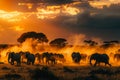 Elephant Herd Marching Through Dusty African Sunset. Generative AI Royalty Free Stock Photo