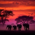 elephant herd at sunset