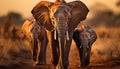 Elephant herd walking in African savannah at sunset generated by AI Royalty Free Stock Photo