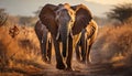 Elephant herd walking in African savannah at sunset generated by AI Royalty Free Stock Photo