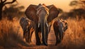 Elephant herd walking in African savannah at sunset generated by AI Royalty Free Stock Photo