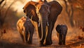 Elephant herd walking in African savannah at sunset generated by AI Royalty Free Stock Photo
