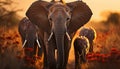 Elephant herd walking in African savannah, sunset illuminates nature generated by AI Royalty Free Stock Photo