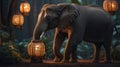 Young Elephant Calf Investigating Illuminated Lanterns in a Dark Forest at Dusk Royalty Free Stock Photo