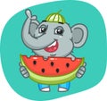 Elephant in Jeans Pants Holds Large Share Watermelon