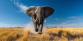 a elephant leaping at the camera with it\'s mouth open in a snarl, The background is Patagonian Steppe in Argentina