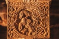 Elephant and lion on relief of the column, made in 7th century by Hindu sculptor inside the old temple, India Royalty Free Stock Photo