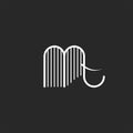 Elephant logo or abstract mammoth with tusks in linear minimalistic style. Black and white thin lines design element