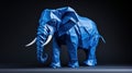 An elephant made from blue origami paper, AI. Paper crafted origami