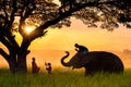 Elephant made merit a monk`s bowl. Asian woman and Mahout with elephant jointly give alm to monk. elephant and Monk in forest.