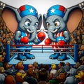 Elephant mascots for the Republican party facing off in battle for primary, caucus or policy issues in American politics
