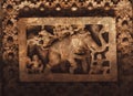 Elephant and monkies on ceiling of historical stone Hindu temple, Halebidu, India. Royalty Free Stock Photo