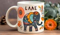 Elephant mug sips hot coffee on wooden table generated by AI