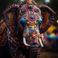 an elephant painted with colorful designs