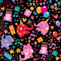 Elephant Party on Black Background Geometrical Pattern Seamless Repeat Background