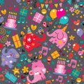 Elephant Party on Grey Background Geometrical Pattern Seamless Repeat Background