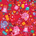 Elephant Party on Red Background Geometrical Pattern Seamless Repeat Background