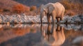 Elephant Peacefully Drinking Water While Its Reflection Shines in Golden Light During a Tranquil Evening Royalty Free Stock Photo