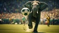 An anthropomorphic elephant plays soccer, hitting the ball with its trunk on a stadium in front of a massive crowd