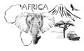 Elephant portrait on Africa map background with Kilimanjaro mountain, vulture and car