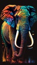 elephant portrait painting in multicolored tones. Conceptual abstract painting of a elephant on the black background on canvas.