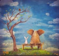 Elephant and rabbit sit on a bench Royalty Free Stock Photo