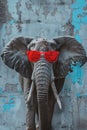 elephant with red sunglasses against blue and grey wall