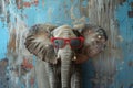 elephant with red sunglasses against blue and grey wall