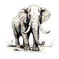 Monochromatic Ink Wash Illustration Of A Majestic Elephant With Long Tusks